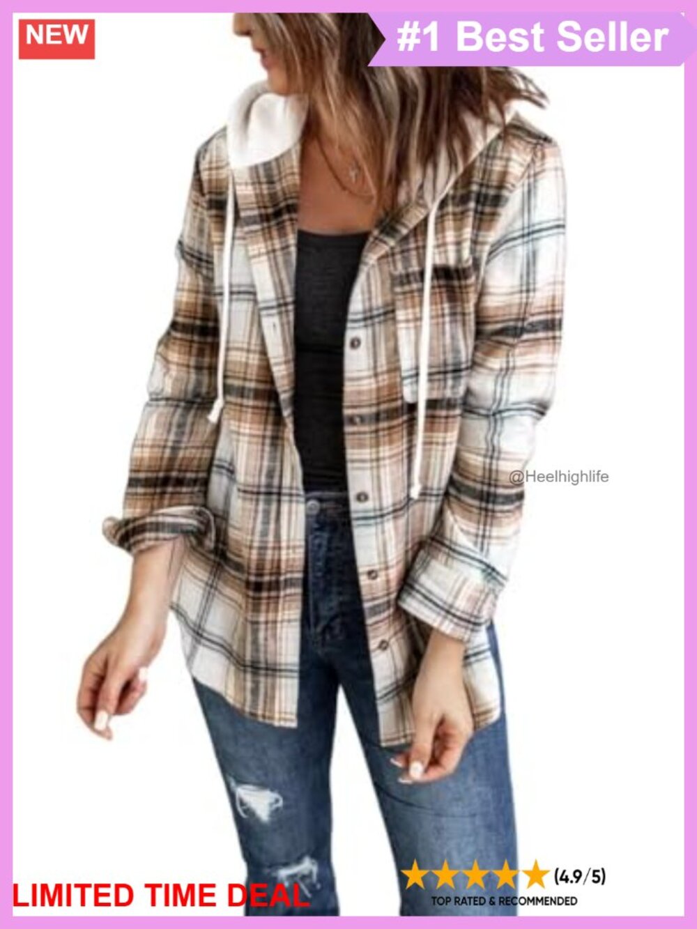Plaid Hoodie Shacket Button Down Shirt Loose Fit Long Sleeve